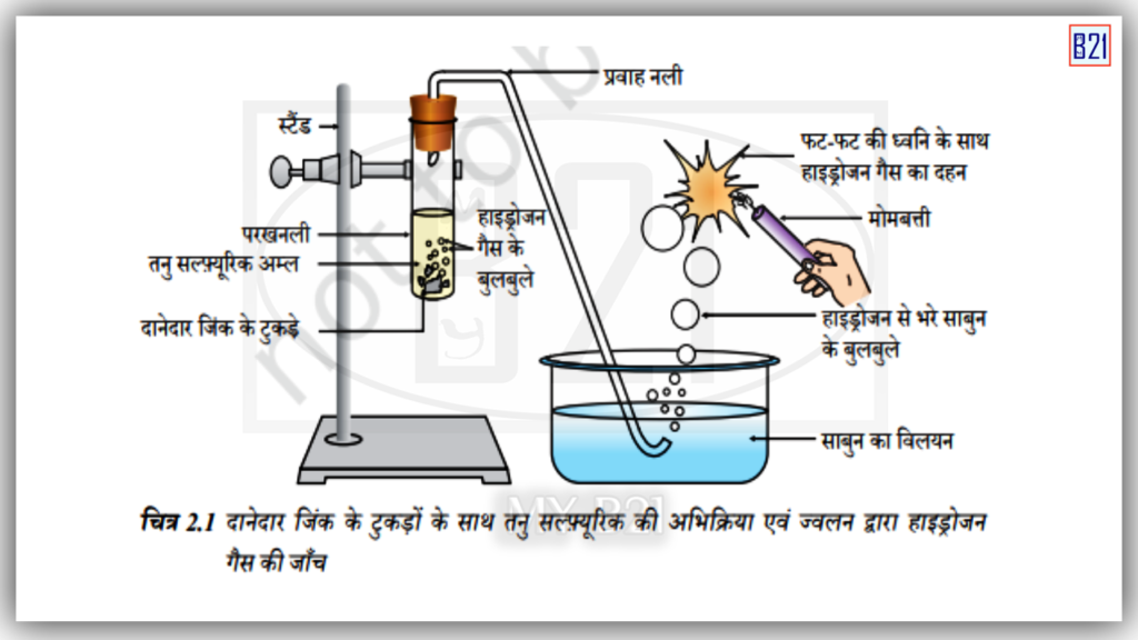 दानेदार जिंक के टुकड़ों के साथ तनु सल्फ्यूरिक अम्ल की अभिक्रिया एवं ज्वलन द्वारा हाइड्रोजन गैस की जांच।
